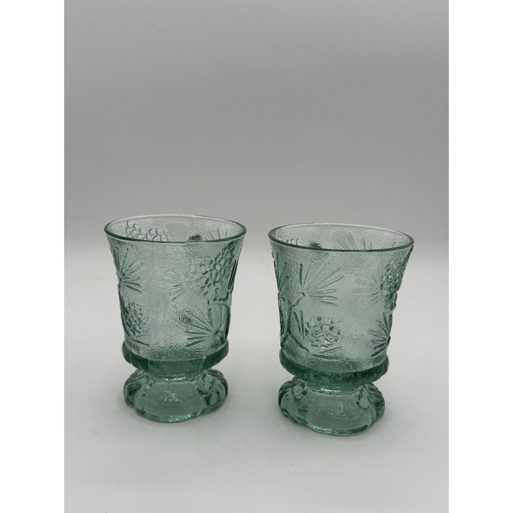 INDIANA GLASS TIARA PONDEROSA PINE GREEN PEDESTAL MUGS SET OF 2 VINTAGE 4 1/2"
